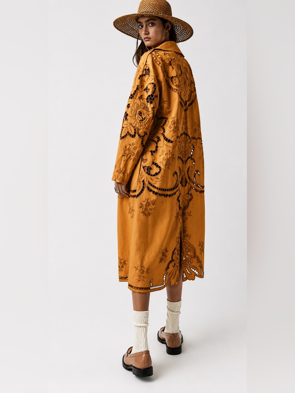 Free People Ochre Cutwork Long Trench Coat